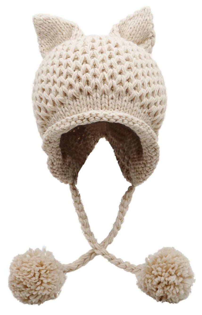 5883 Winter Cute Cat Ears Knit Hat Ear Flap Crochet Beanie Hat,Beige - Picture 5 of 6